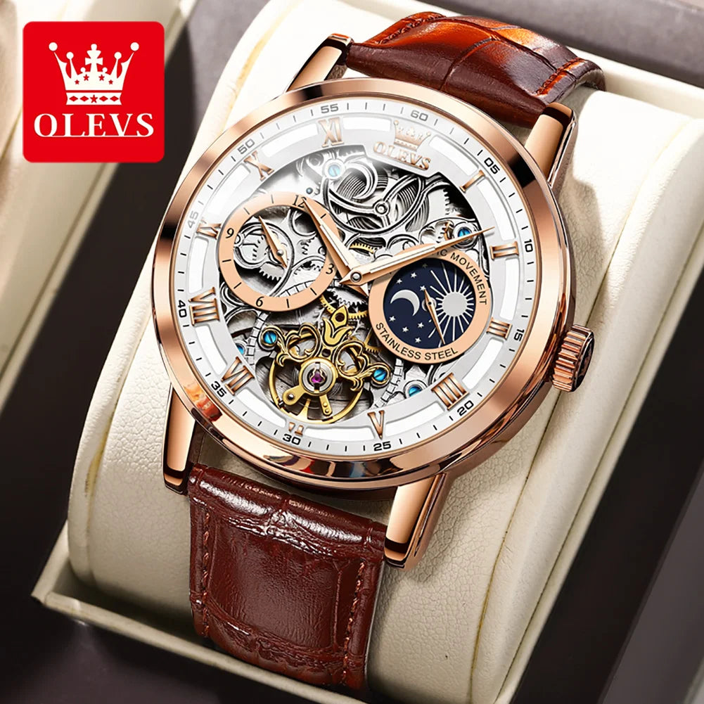 OLEVS 6670  Men Watch Luxury Leather Strap Sport Clock Business Automatic Mechanical Skeleton Wristwatch for Man High Quality