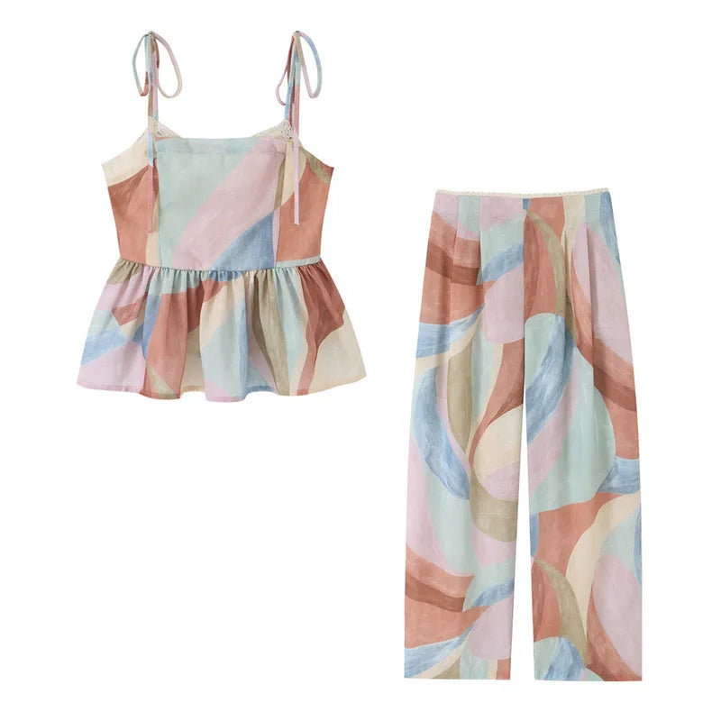 Pastel Print Cami Top Wide Leg Pants Set Ruffle Hem Sleeveless 2026 Summer Vacation Women Co-ord Set Chic Causal Lady Outfit