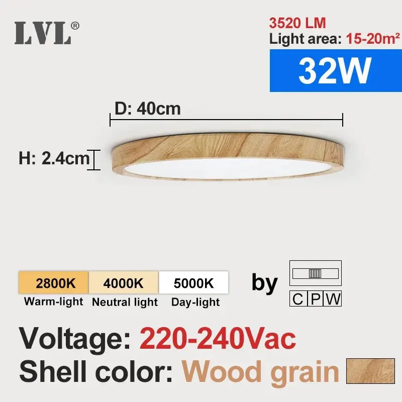 LVL LED Ceiling Light Wood Grain & White 3 in 1 Lighting Colors Home Lighting Kitchen Bedroom Bathroom Round Flush Ceiling Lamp