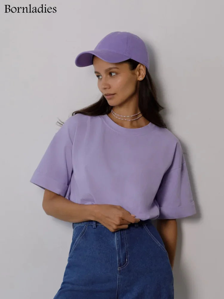 Bornladies 2025 Women's Summer 100% Cotton T-shirt Bottoming Basic Fashionable Solid Lady Short Sleeve Loose Tops Shirts