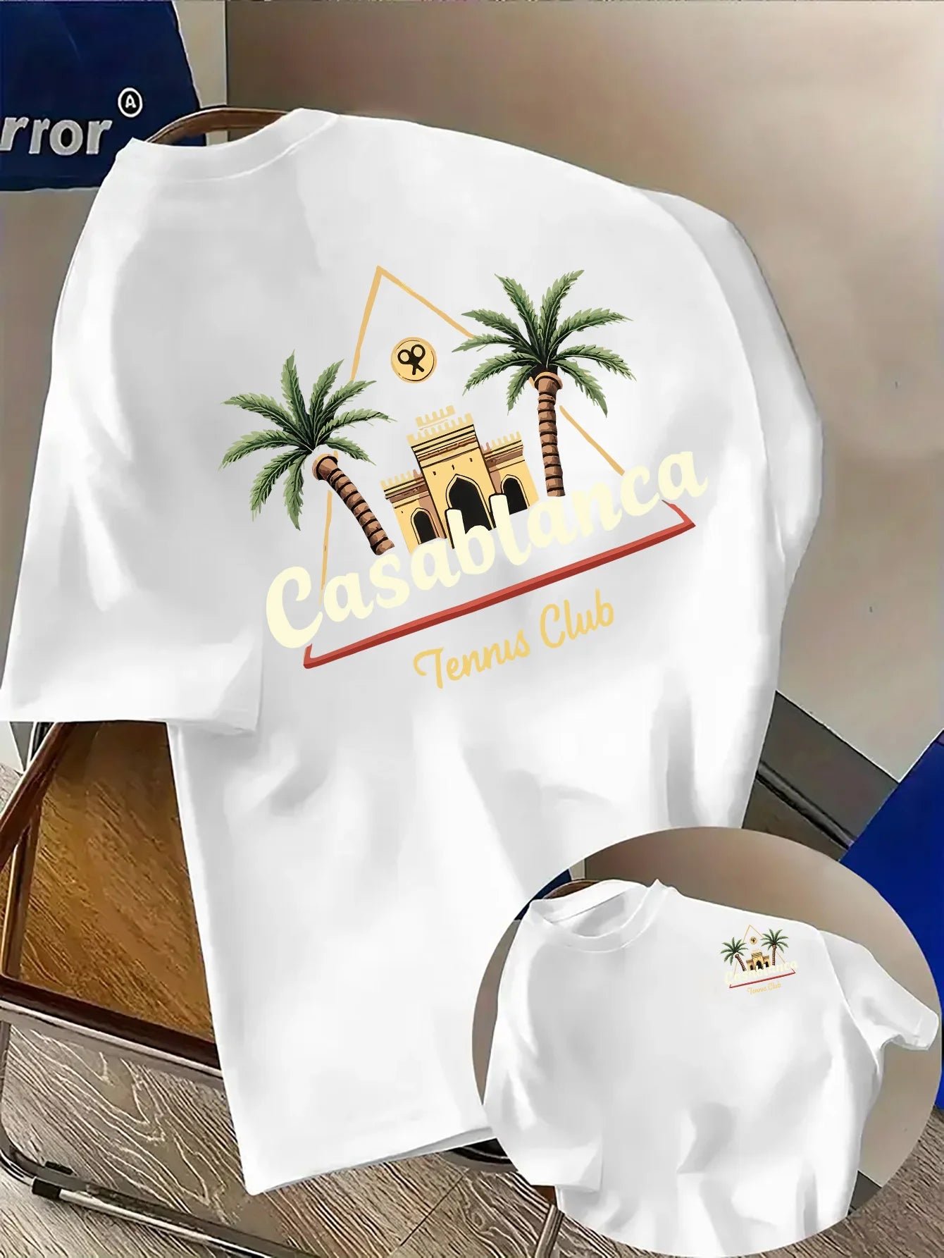 Palm Tree and Moroccan Building Print on Premium Soft 100% Cotton Men's T Shirt Perfect for Summer Tropical Casual Style