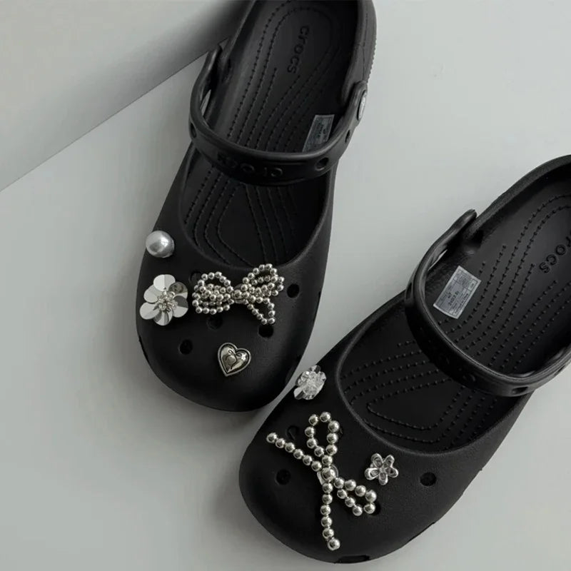 Bling Silver Rhinestone Flower Shoe Charms Metal Bead Bow & Heart Clog Charms Luxury DIY Shoe Decoration Punk Y2K Style Clog Pin