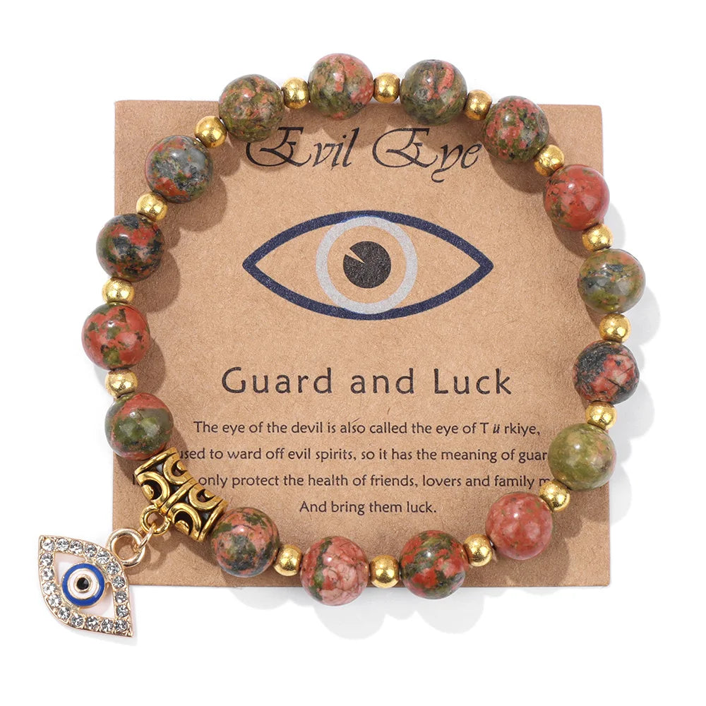 Green Aventurine Stone Card Bracelet Turkish Evil Eye Pendant Bracelets For Women Men Luck Protection Pray Meditation Jewelry