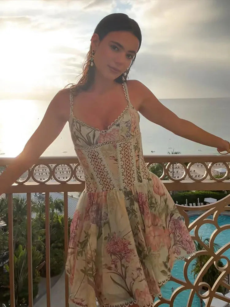 Floral Print Women's Dress Elegant Spaghetti Strap Lace Trim Hollow Out Flowy A Line Dress Lady 2026 Summer New Woman Vestidos