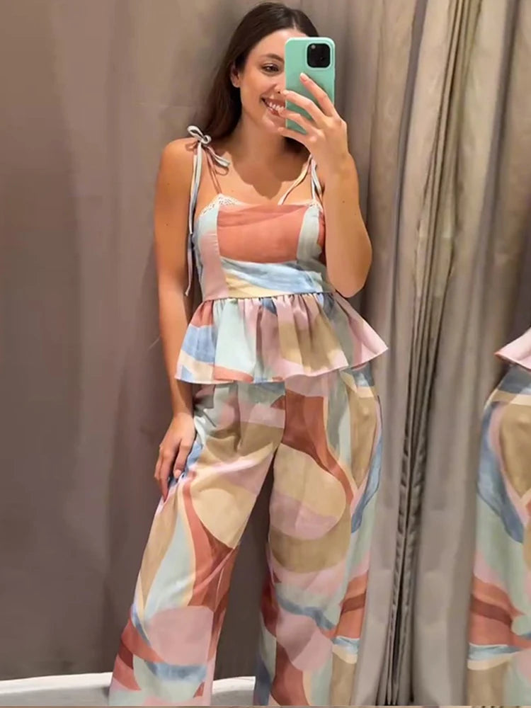 Pastel Print Cami Top Wide Leg Pants Set Ruffle Hem Sleeveless 2026 Summer Vacation Women Co-ord Set Chic Causal Lady Outfit