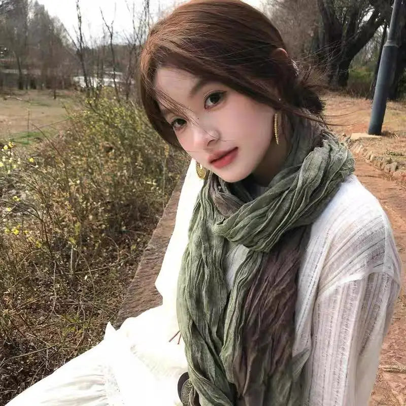 2025 Cotton Hemp Pleated Scarves Women's Gradient Color Linen Scarf  Fashionable Trend Fold Shawl Windproof Sand Proof Headscarf