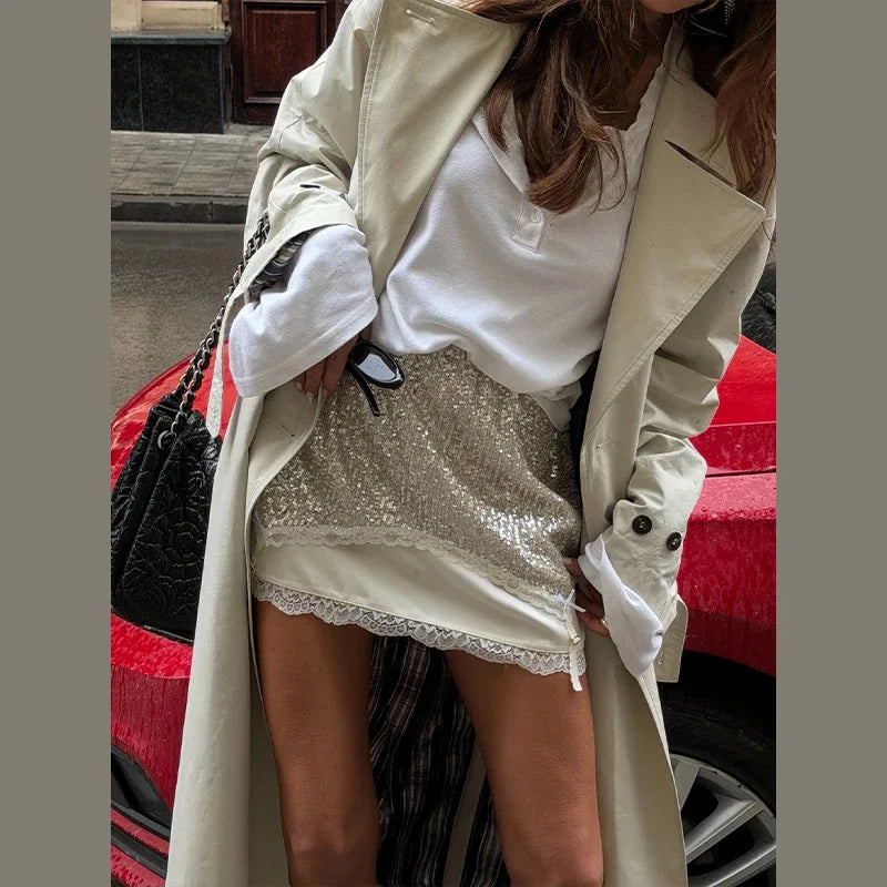 Sexy Lace Trim Irregular Hem Top Sequin Skirt Set Satin Split Patchwork Backless Sling Tops Mini Skirts 2026 Summer Lady Suit
