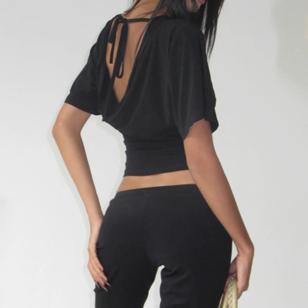 Women's Lace Patchwork Deep V Neck Tie Up Slim Fit Half Sleeve T-Shirt Crop Top