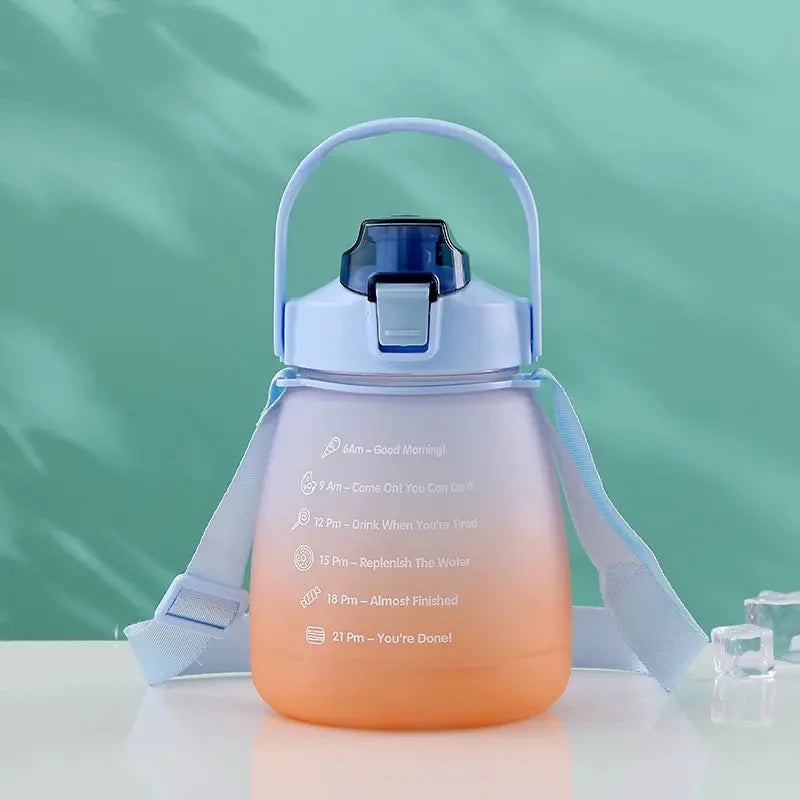 1.3L Large Capacity Sports Water Bottle with Straw Gradient Color Women's Outdoor Running Portable Plastic Bottle