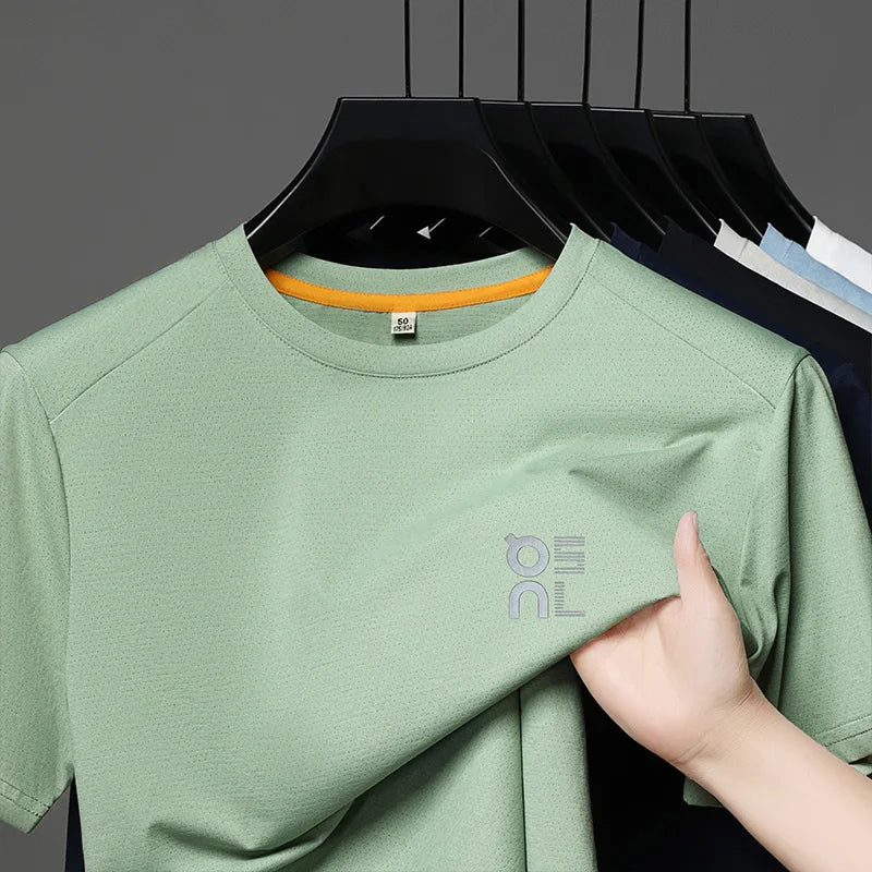 High end brand ice silk short sleeve summer breathable comfort quick drying men's T-shirt fashion printed casual round neck top