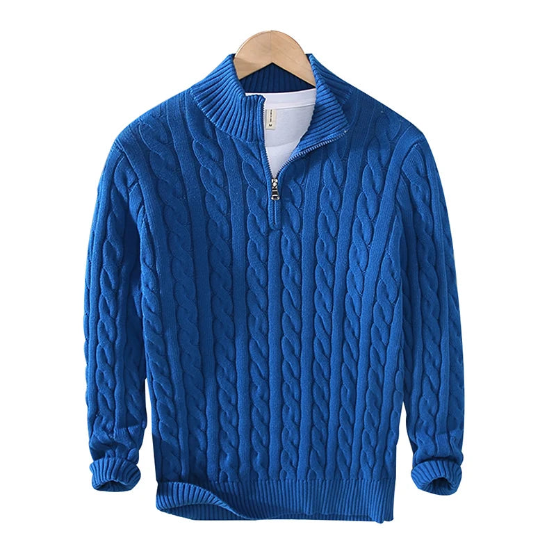 pure Cotton Sweaters Men's High Quality Autumn Cable Knit Christmas Sweater With Zipper Turtleneck Pullovers Zipper Pull Homme