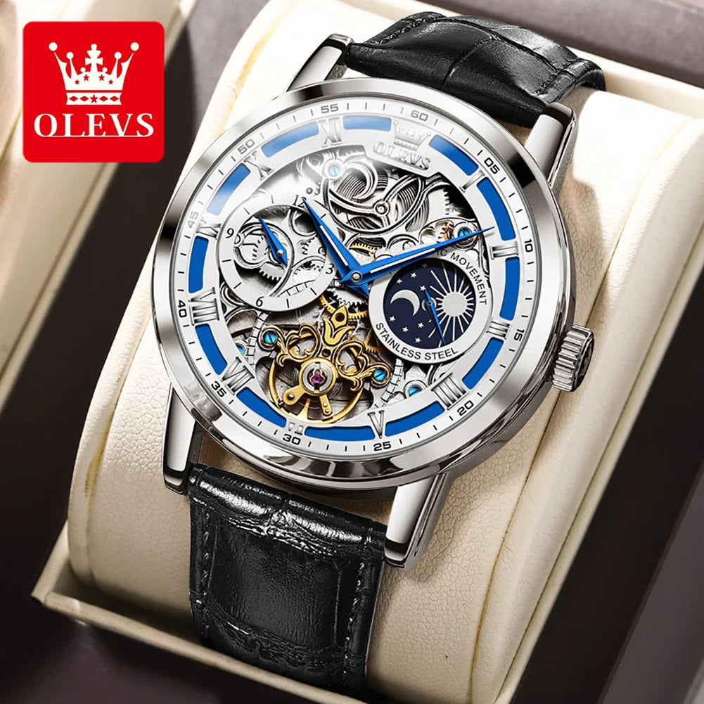 OLEVS 6670  Men Watch Luxury Leather Strap Sport Clock Business Automatic Mechanical Skeleton Wristwatch for Man High Quality