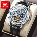 OLEVS 6670  Men Watch Luxury Leather Strap Sport Clock Business Automatic Mechanical Skeleton Wristwatch for Man High Quality