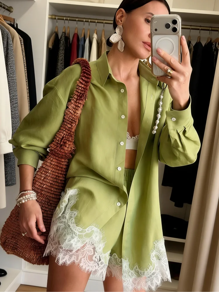 Casual Women's Matching Sets Long Sleeve Shirts Shorts Suit Lace Patchwork 2 Pieces Sets 2026 NEW Spring Beach Lady Outfits