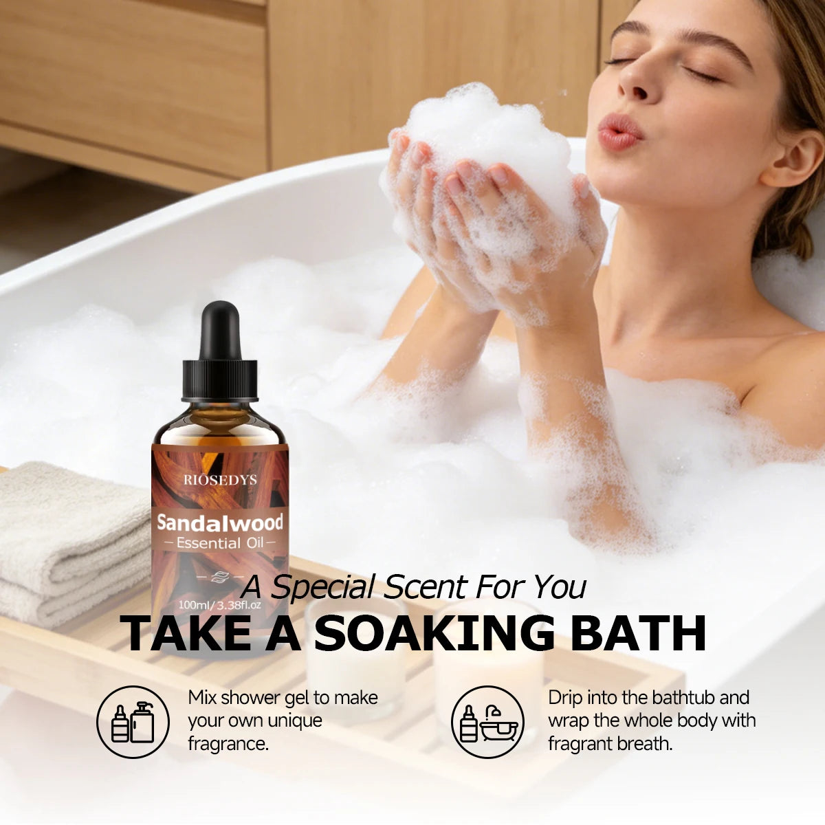 SANDALWOOD ESSENTIAL OIL moisturizing and nourishing massage oil suitable for skincare, fragrance, massage, and all skin types.