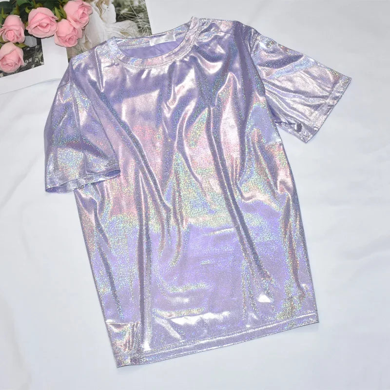 Womens Sparkly Shiny Metallic Holographic Round Neck Short Sleeve Casual Loose Top Festival Party Tee Shirt Female Clothes