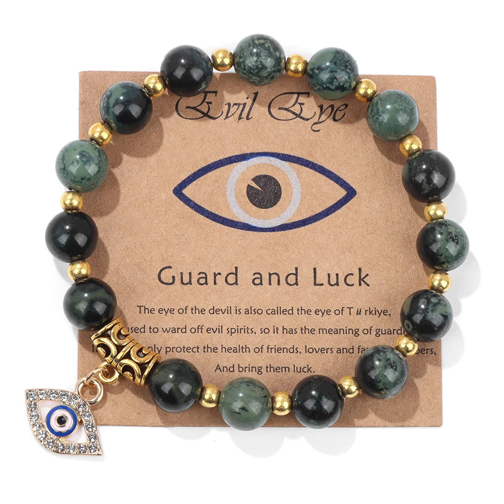 Green Aventurine Stone Card Bracelet Turkish Evil Eye Pendant Bracelets For Women Men Luck Protection Pray Meditation Jewelry