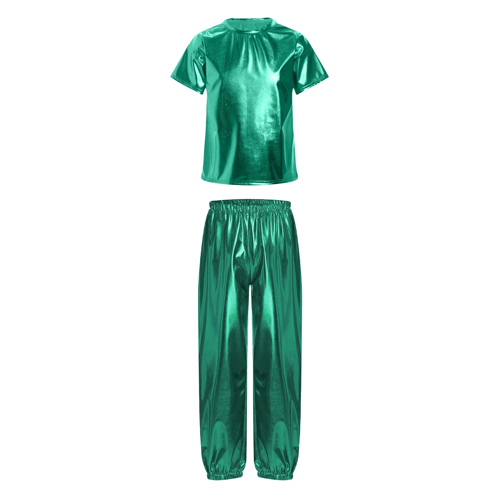 Kids Girls Boys Fashion Clothes Set Metallic Shiny T-shirt with Pants Suit for Jazz Hip Hop Street Dance Performance Costume