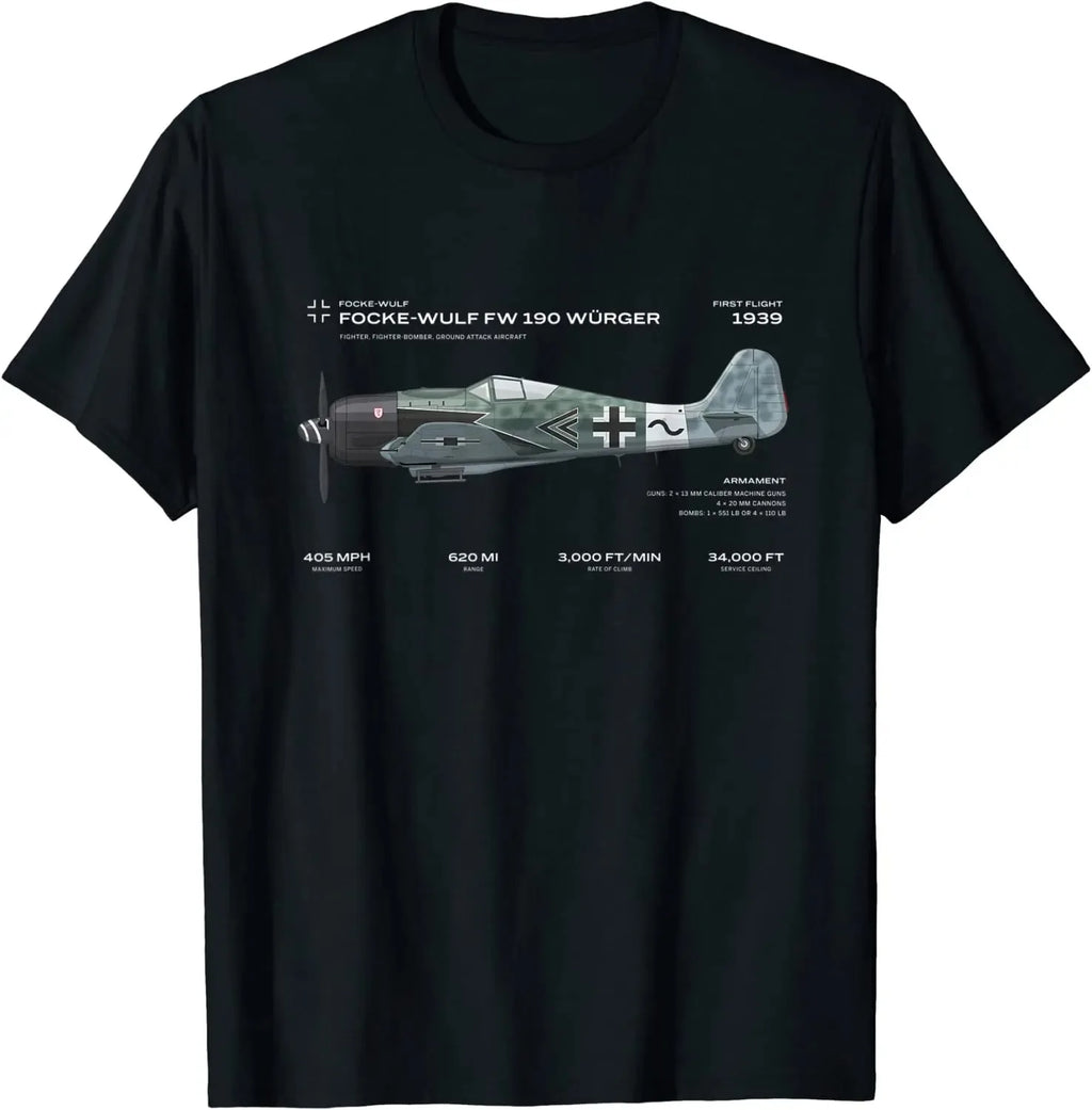 Y2k Hip Pop Tops Focke Wulf Fw 190 Fighter Aircraft T Shirt Print Cotton Short Sleeve Casual Loose O-Neck Mens T-shirt Unisex
