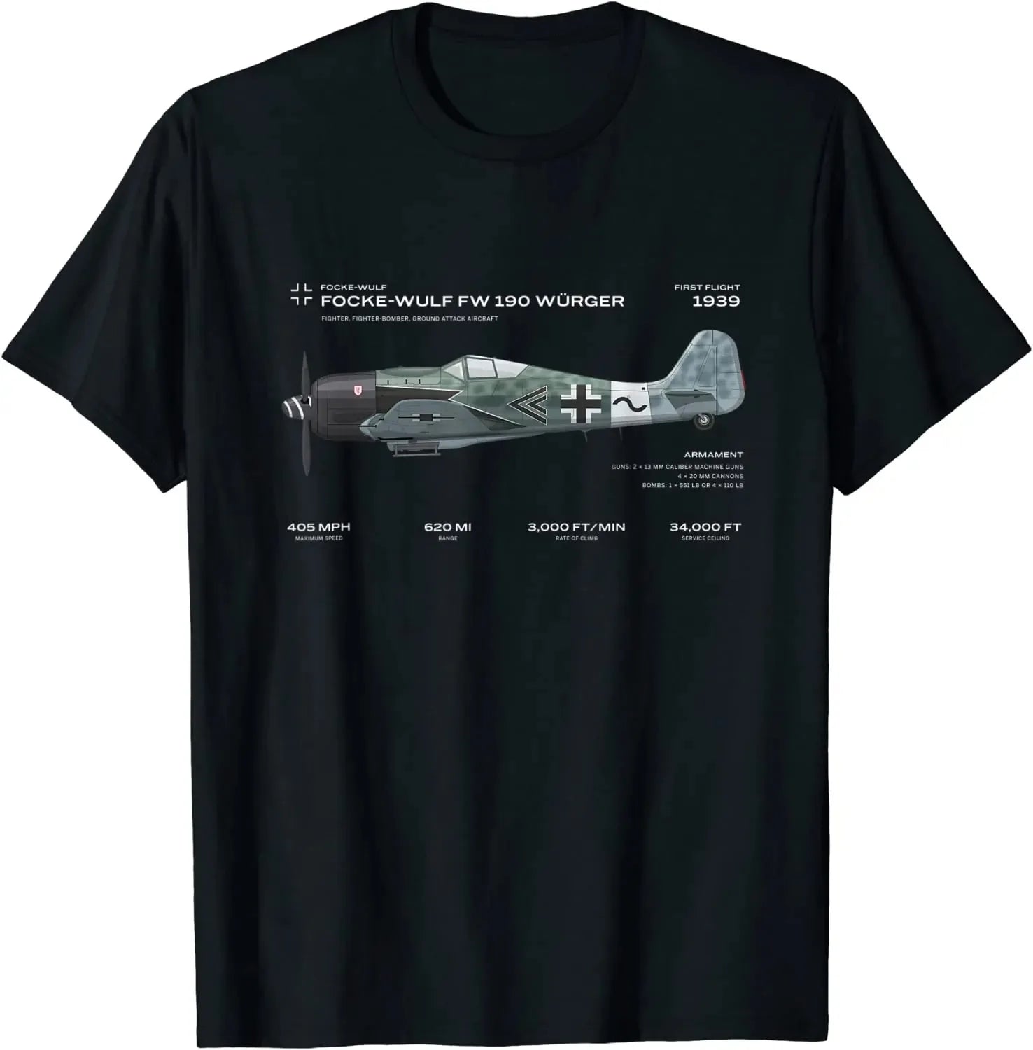 Y2k Hip Pop Tops Focke Wulf Fw 190 Fighter Aircraft T Shirt Print Cotton Short Sleeve Casual Loose O-Neck Mens T-shirt Unisex