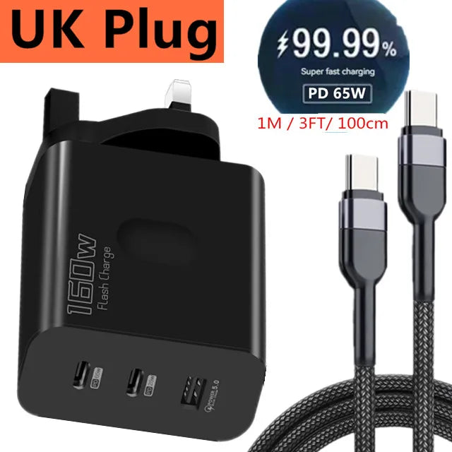 160W Fast Charger USB Type C Phone Charger Adapter Quick Charge QC 5.0 3.0 PD 65W Charger For iPhone iPad Samsung Huawei Xiaomi