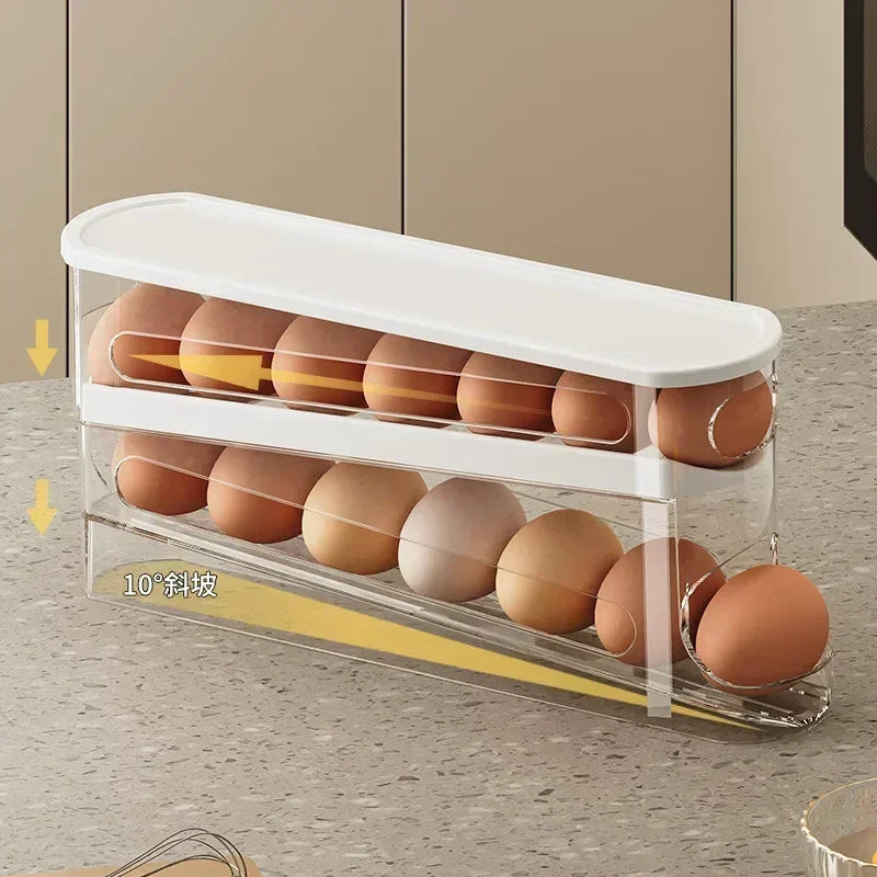Bilayer Fridge Egg Storage Box Ladder Style Automatic Rolling Egg Holder Rack Refrigerator Dispenser Egg Organizer