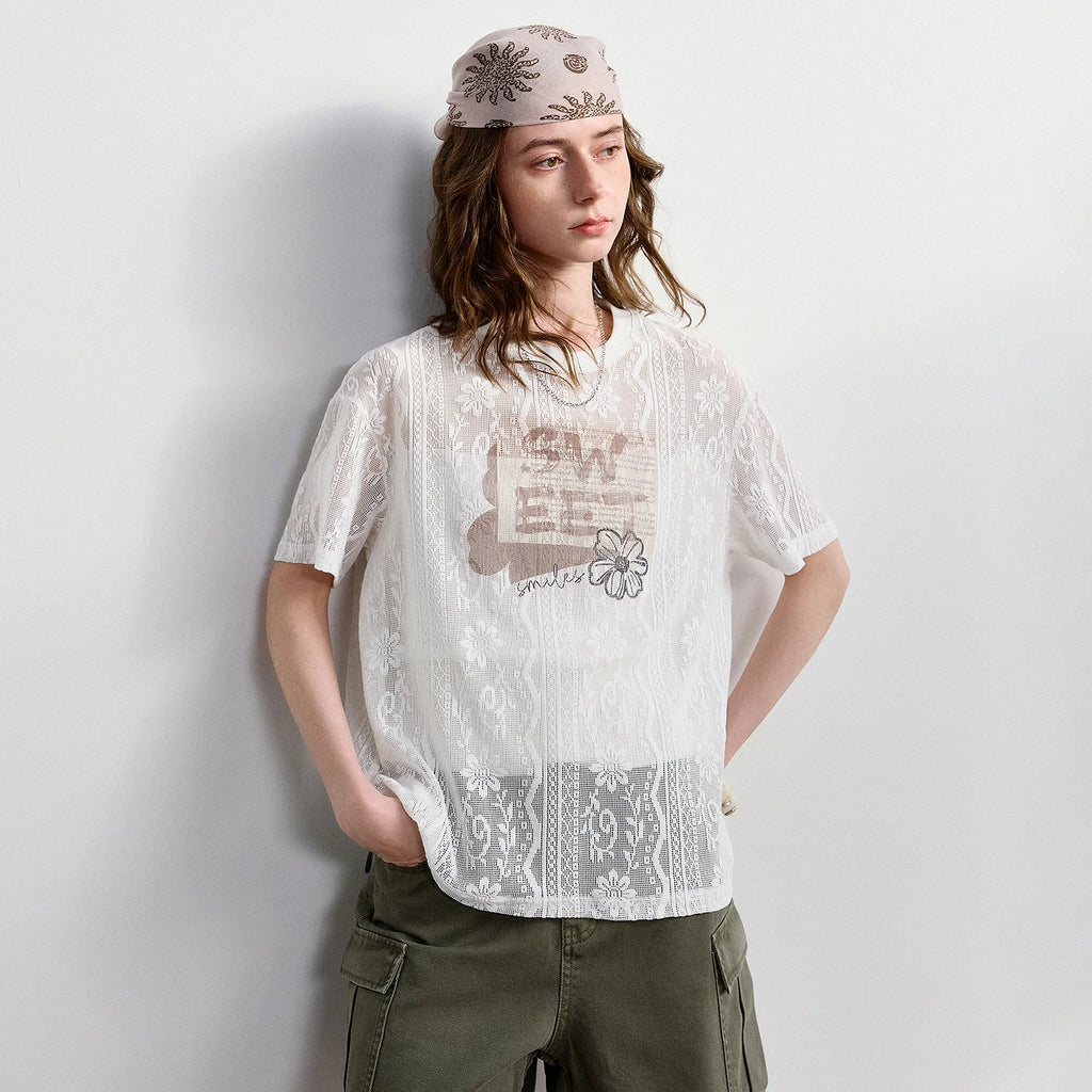TOYOUTH Women Lace Sheer T-Shirt 2026 Summer New Letter Flower Print Loose Drop Shoulder Fashion Pullover Tops