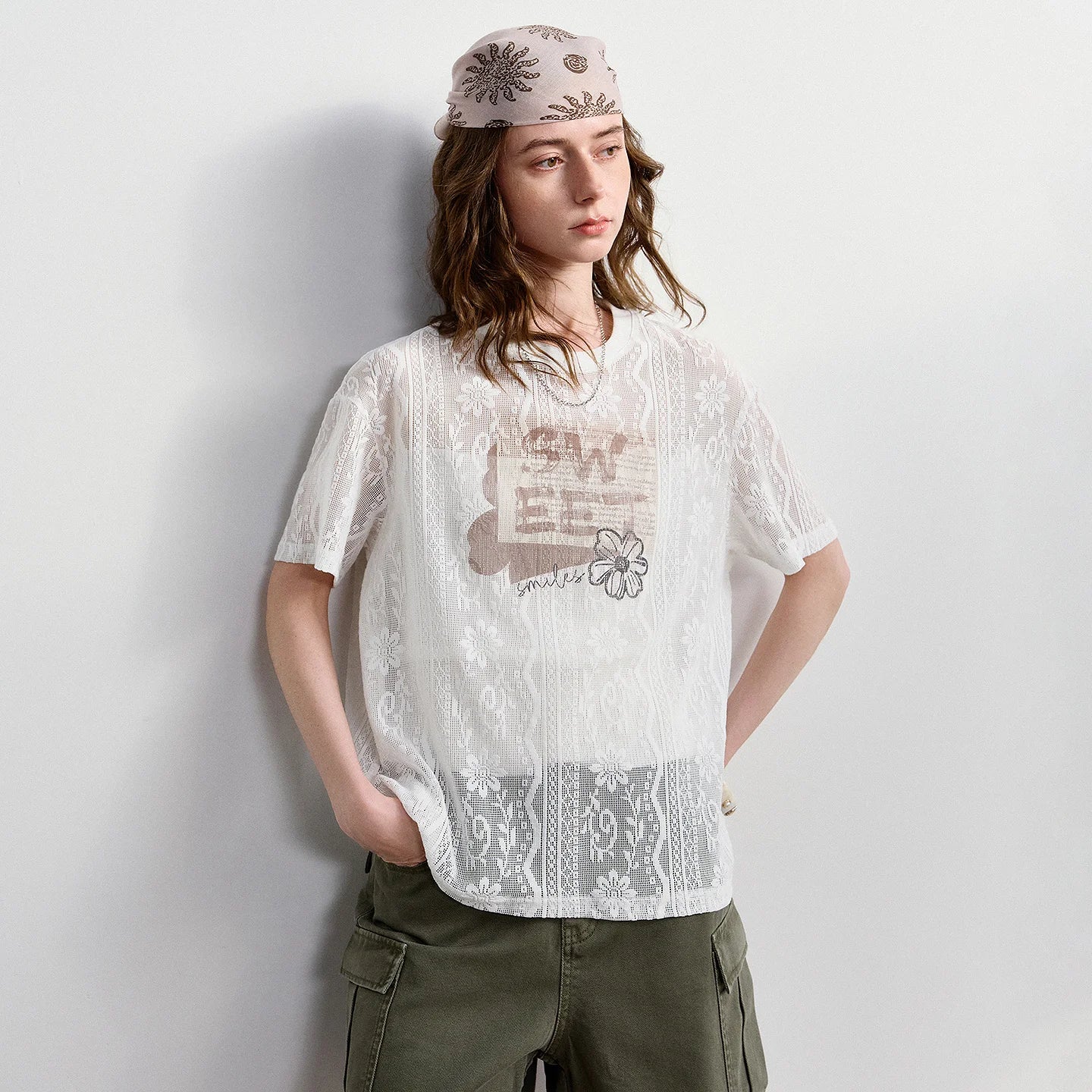 TOYOUTH Women Lace Sheer T-Shirt 2026 Summer New Letter Flower Print Loose Drop Shoulder Fashion Pullover Tops