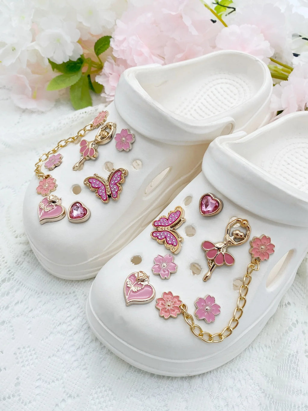 14pcs Fashion ABS Shoe Charms – Pink Flowers, Butterflies, Hearts & Flower Chains. DIY Removable Clog Decorations for Sandals, A