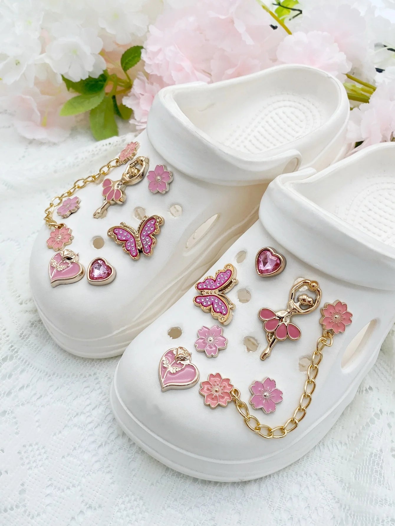 14pcs Fashion ABS Shoe Charms – Pink Flowers, Butterflies, Hearts & Flower Chains. DIY Removable Clog Decorations for Sandals, A
