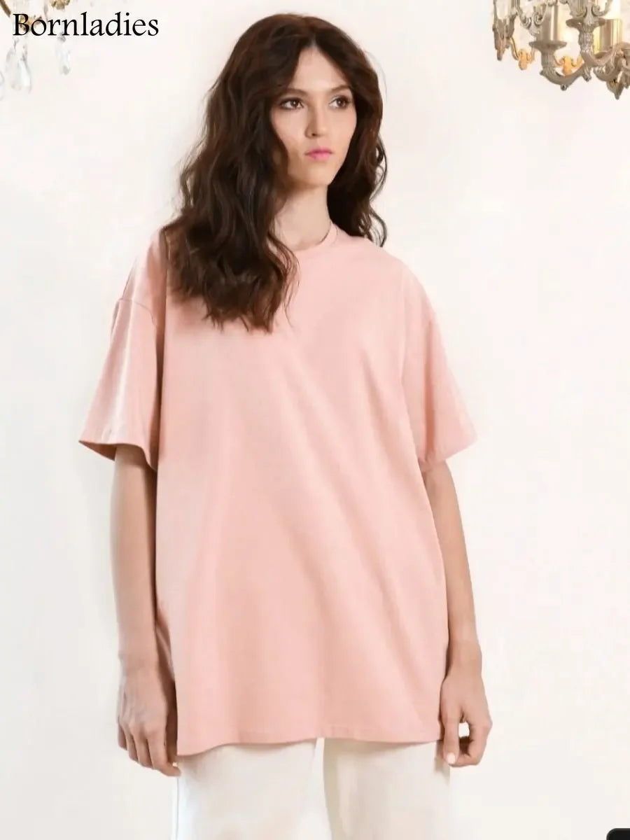 Bornladies 2025 Women's Summer 100% Cotton T-shirt Bottoming Basic Fashionable Solid Lady Short Sleeve Loose Tops Shirts