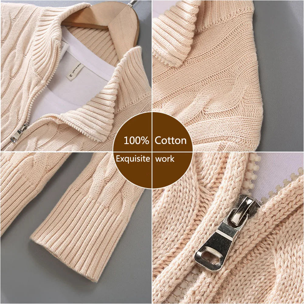 pure Cotton Sweaters Men's High Quality Autumn Cable Knit Christmas Sweater With Zipper Turtleneck Pullovers Zipper Pull Homme