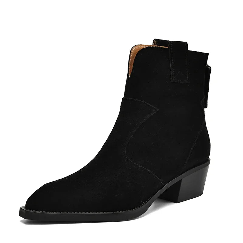 Natural Suede Women Western Boots Winter Black Brown Khaki Ladies Square Toe  Ankle Boots Fashion Patchwork Back Zipper Boots