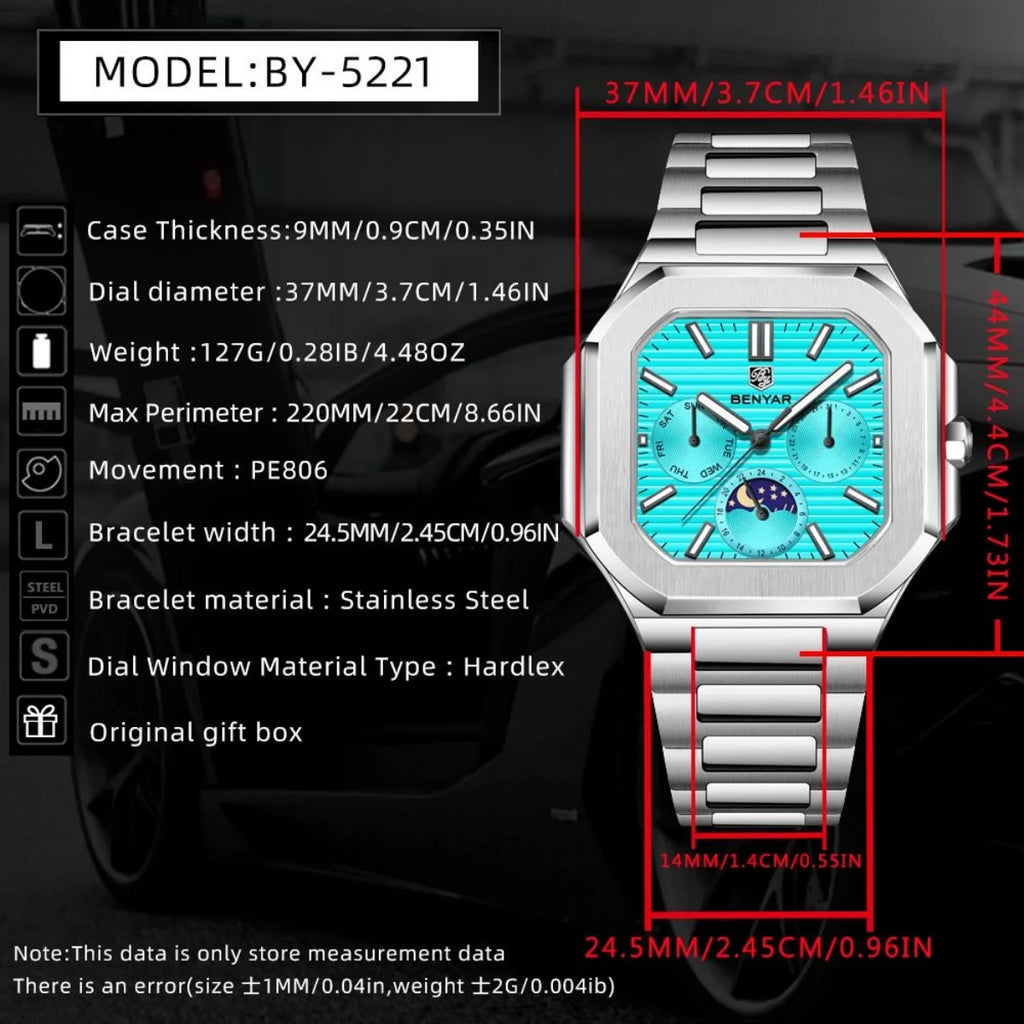 BENYAR Mens Square Watch 37mm Quartz Wristwatch Moon Phase Date Week 24 Hours Display Steel / Leather Strap Waterproof Luminous