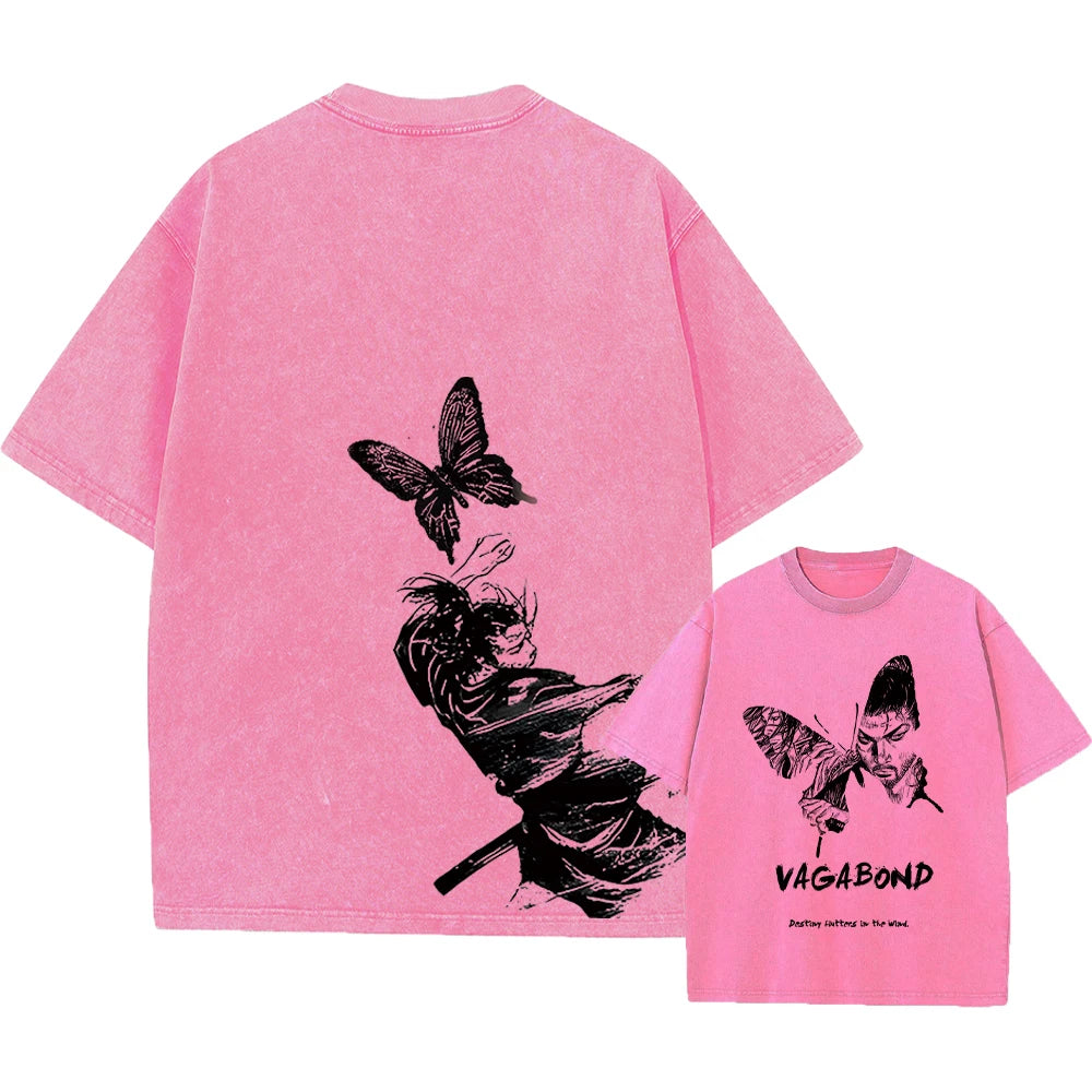 Anime Vagabond Miyamoto Musashi Cool Graphic Washed T Shirt Men Vintage Cotton T-shirts Harajuku Male Manga Comfortable Tshirt