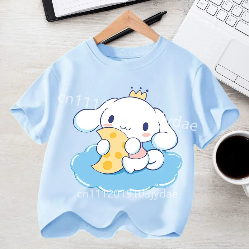 2026 Summer Casual Clothes Kawaii Gift Cute Cinnamoroll Girl T-shirt Cotton Anime Print Tee Shirt Kids Short Sleeve Streetwear