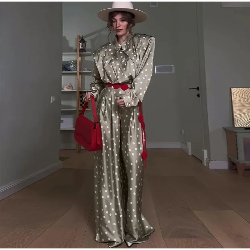 Elegant Dot Shirt Pants Women Set Casual Lapel Button Pleated Blouse Wide Leg Trousers 2026 Spring Summer Chic Lady Outfit New
