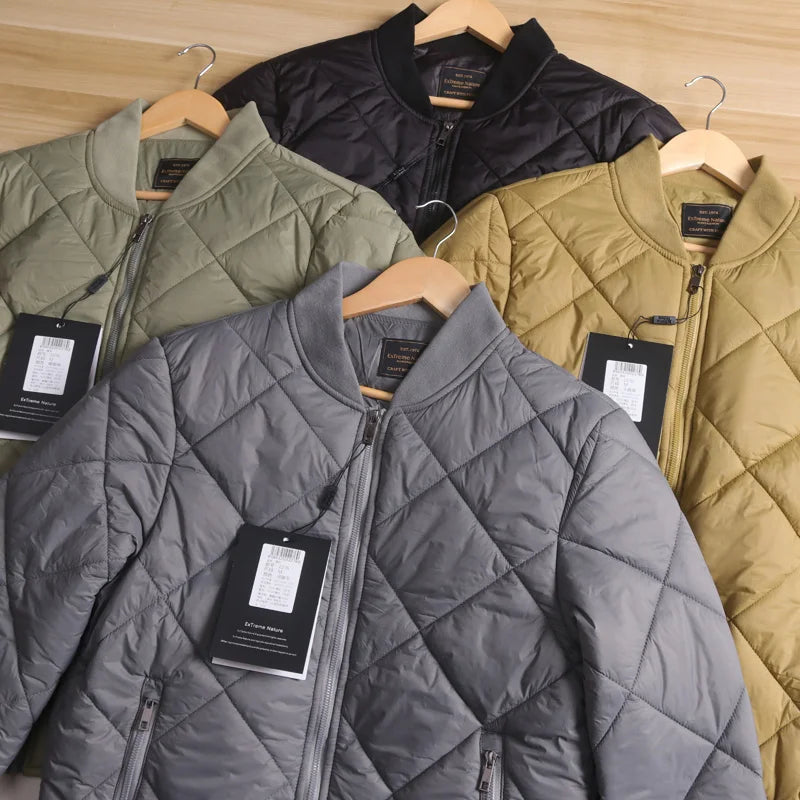 Warmth And Style: Men's Cotton Jacket with Quilted Diamond Pattern And Baseball Collar Lightweight Autumn Winter Outerwear
