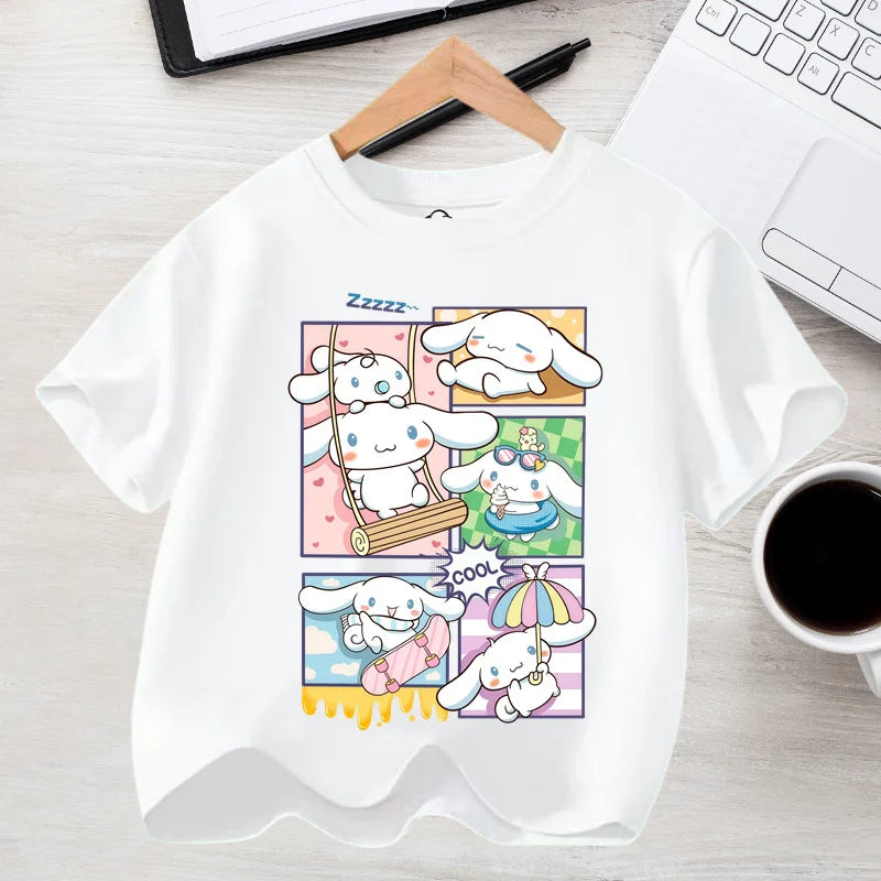 2026 Summer Casual Clothes Kawaii Gift Cute Cinnamoroll Girl T-shirt Cotton Anime Print Tee Shirt Kids Short Sleeve Streetwear