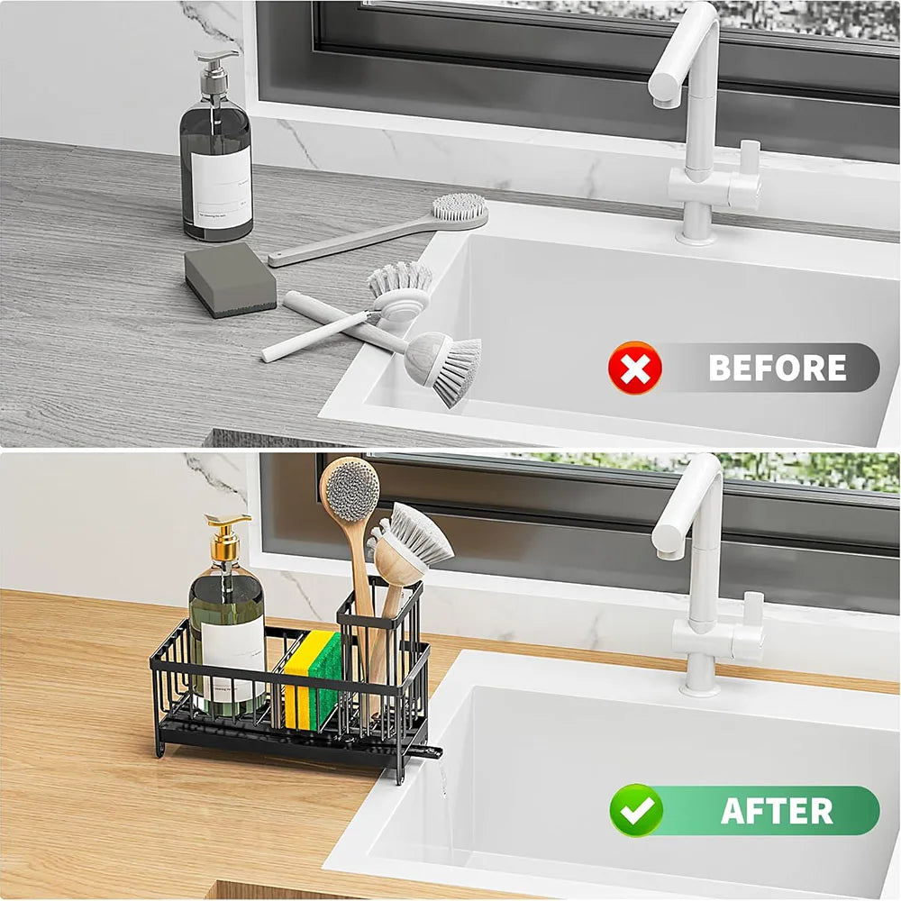 Sponge Holder for Kitchen Sink, Sink Caddy with High Brush Holder, Kitchen Sink Organizer