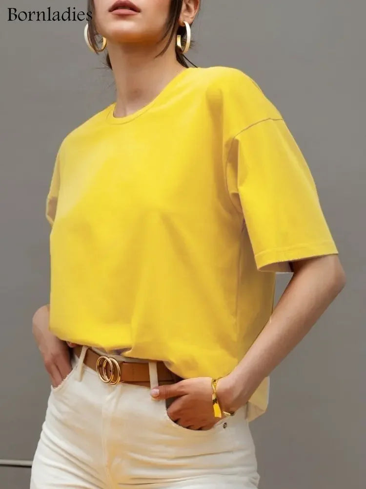 Bornladies 2025 Women's Summer 100% Cotton T-shirt Bottoming Basic Fashionable Solid Lady Short Sleeve Loose Tops Shirts