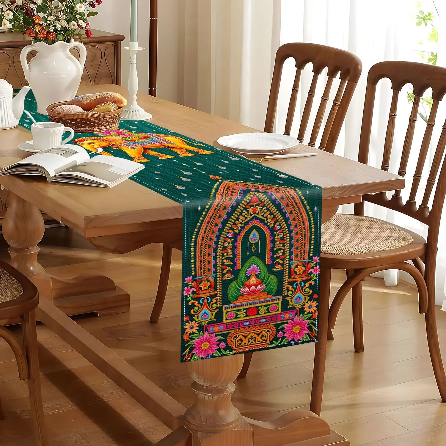 1 Piece of Indian-Style Elephant and Temple-Themed Table Runner, Golden Elephant, Indian Temple and Floral Decoration Pattern, Suitable for Indian Cultural Theme Parties, Exotic Restaurant Decorations, Indian Festival Event A
