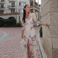 Sexy Printed Flower Long Women's Dress Sleeveless Waist-Closed Slash Neck Lady Dresses Summer Sling Vacation Holiday Robe
