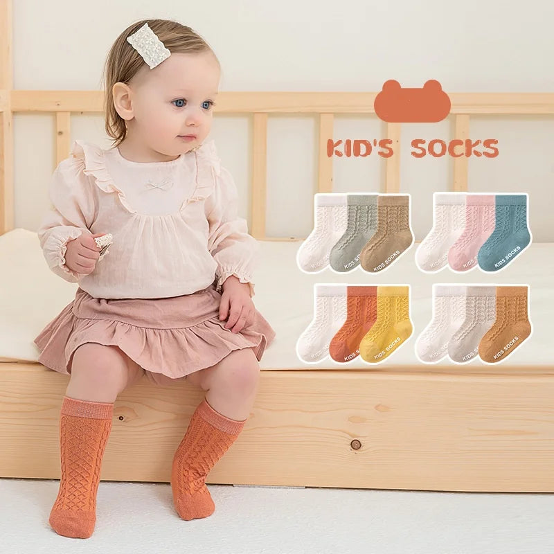 3Pairs/lot Kids Socks For Girls Boys Spring Summer Thin Soild Socks For Newborn Children's Cotton Mesh Non-slip Floor Sock 0-5Y