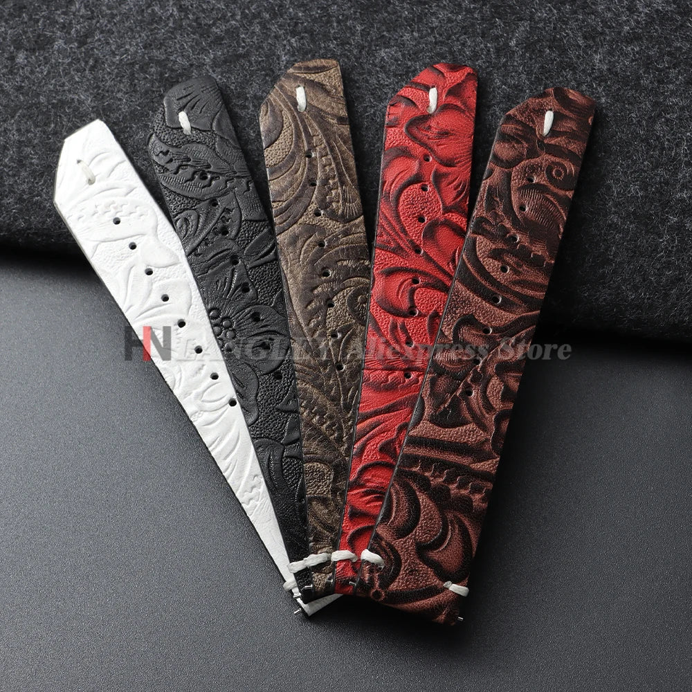 Genuine Calfskin Watch Strap 20mm 22mm for Seiko for Omega Leather Watchbands Printed Pattern Brown Women Men Watch Accessories