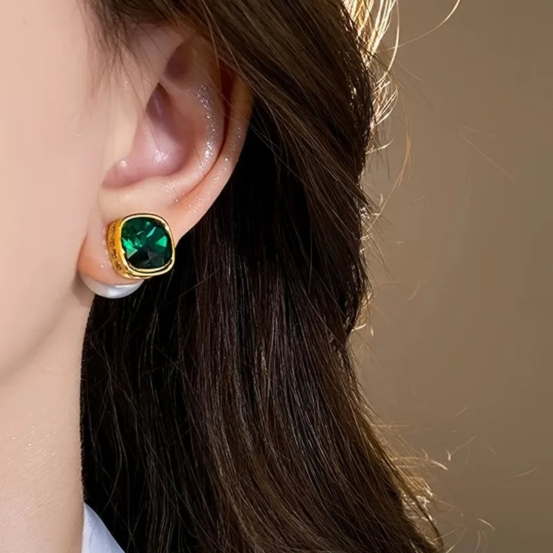 Retro Elegant Geometric Square Design Earrings with Inlaid Green Zirconia Ear Studs for Women's Daily and Party Occasions