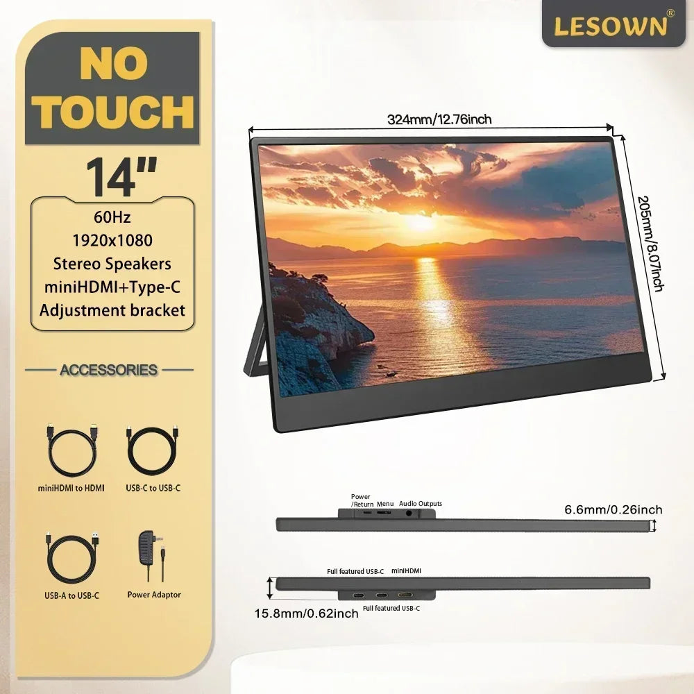 LESOWN 11.6 14 16 inch 4K Portable Monitor 2.5K 120Hz Wide Screen USB-C Display with Holder for Laptop Phone Xbox PS4 PS5 Switch