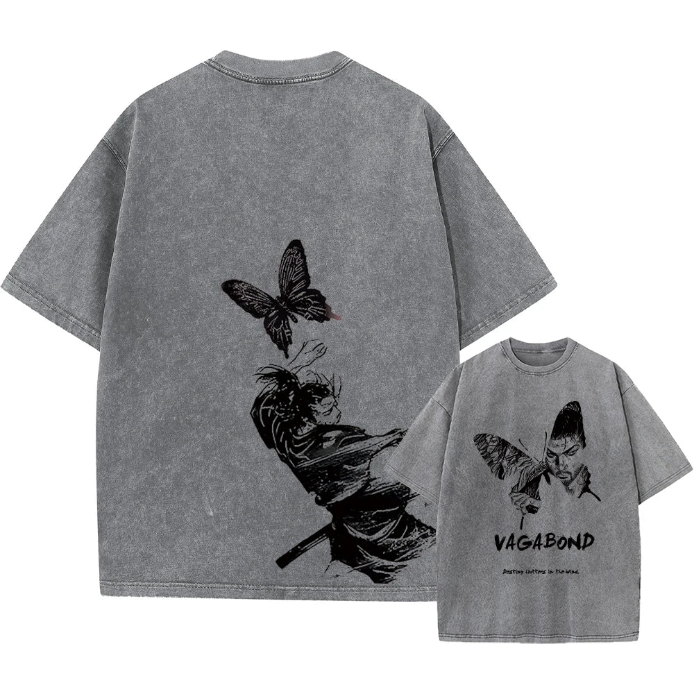 Anime Vagabond Miyamoto Musashi Cool Graphic Washed T Shirt Men Vintage Cotton T-shirts Harajuku Male Manga Comfortable Tshirt