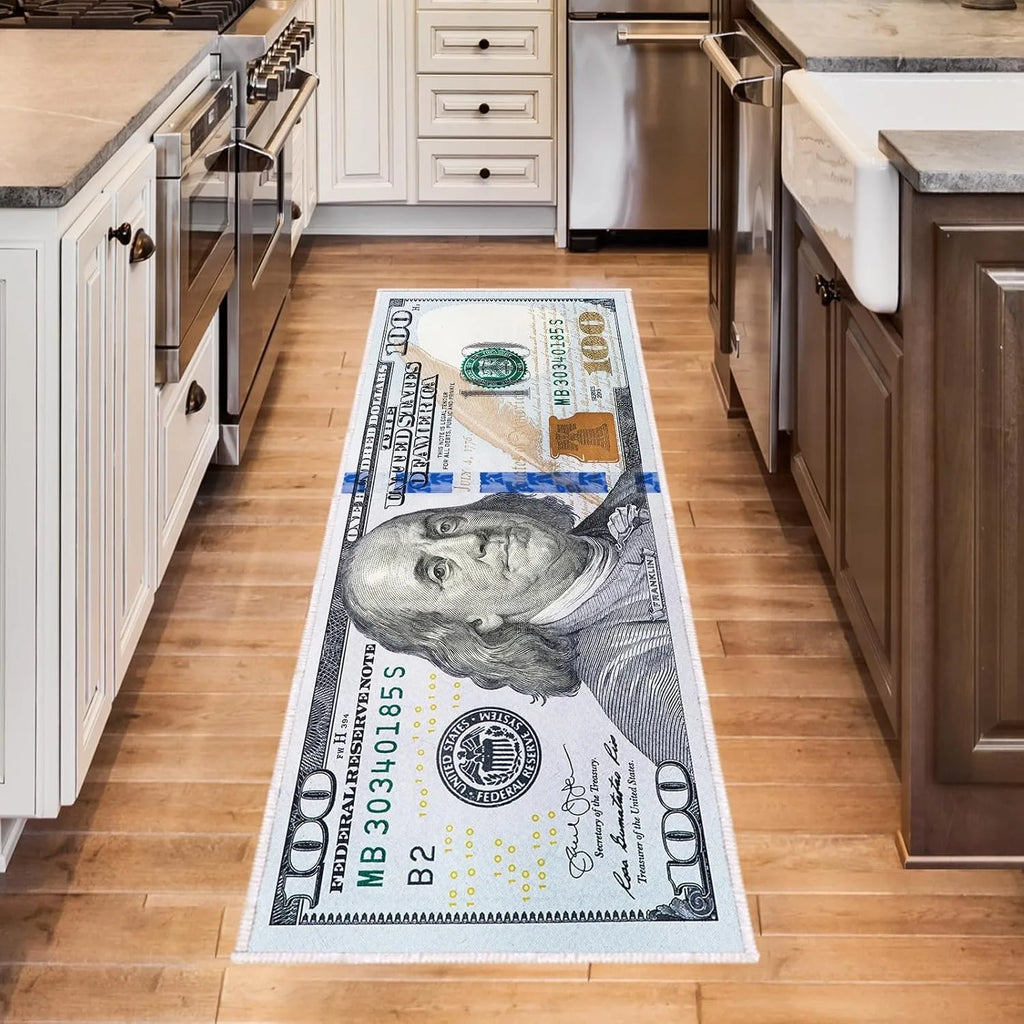 100 Bill USA Money Throw Accent Area Rug Large Floor Carpets Mat Non Slip Washable Runner Carpet for Entryway Hallway Laundry Bathroom Kitchen Bedroom Living Room
