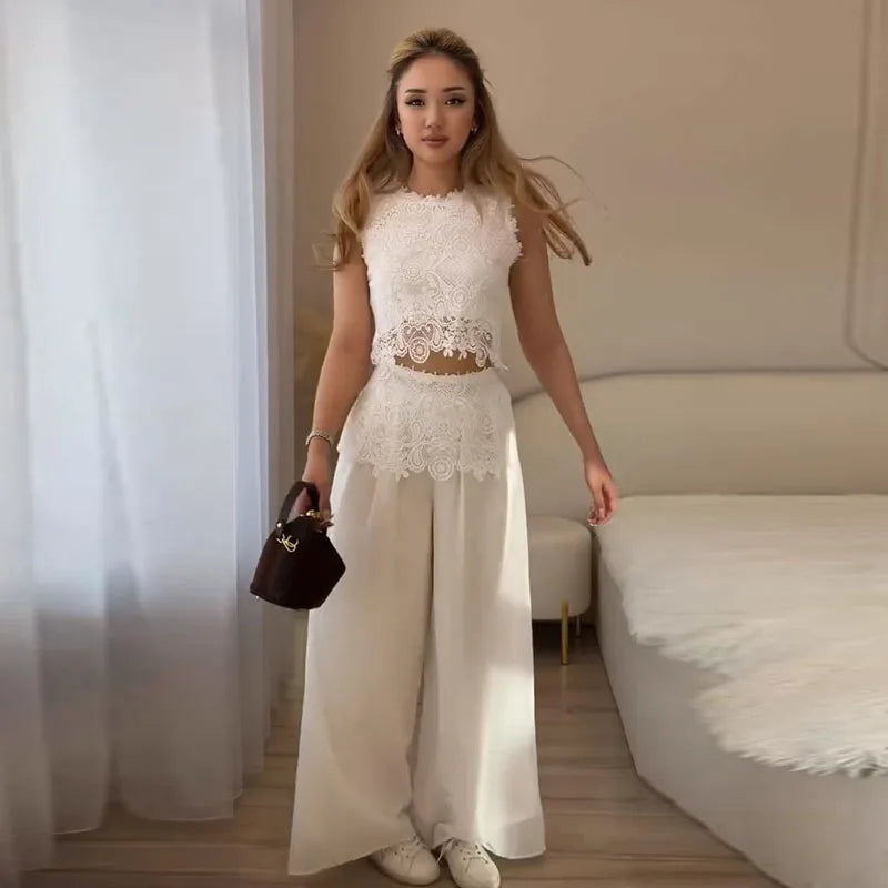 See Through Lace Vest Pant Set Women Beach Sling  Tops Pleated Straight Pants 2026 Summer Vacation Hollow Out Lady Suits